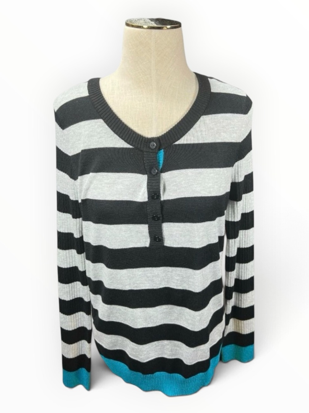 Express Striped Henley Sweater Knit Top Black Gray Teal Trim Women's Size L